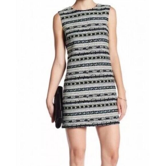Cynthia Steffe Dress 6 Neon Green Black Mini Shift Tribal‎ Print Exposed Zip New - Picture 1 of 9